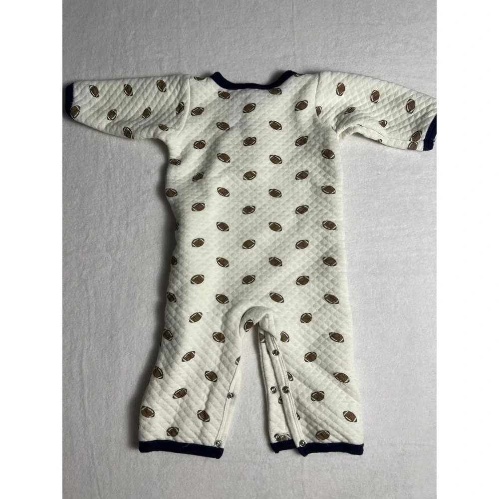 HB Quilted Football Romper Baby 3-6M White Navy Blue Long Sleeve Snap One Piece